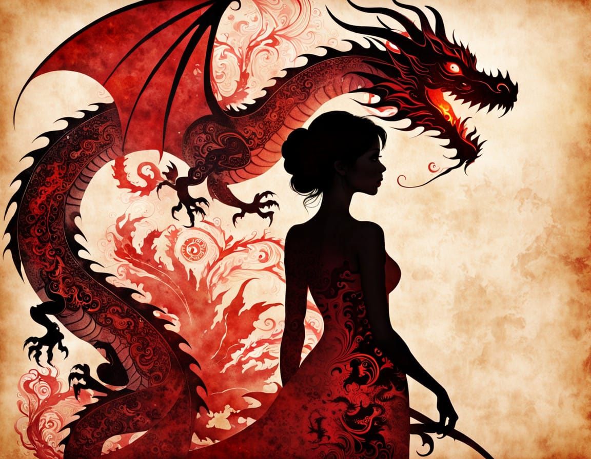 Woman in Elegant Dragon Silhouette, Vintage Ink Painting