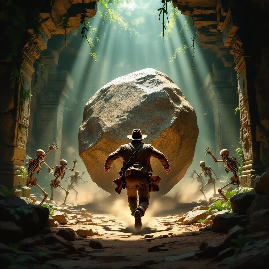 Indiana Jones Escapes Rolling Boulder in Ancient Temple