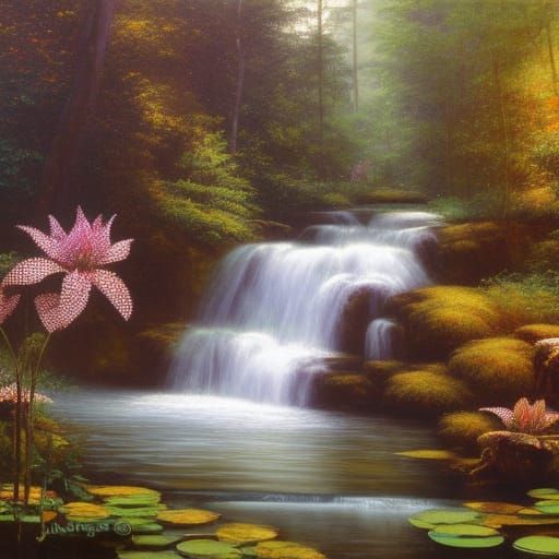 Heavenly Forest Waterfall as Oil Painting