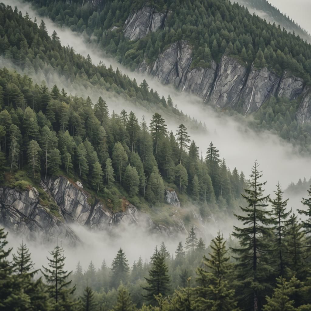 Misty Forest Landscape in Norwegian Watercolor Style