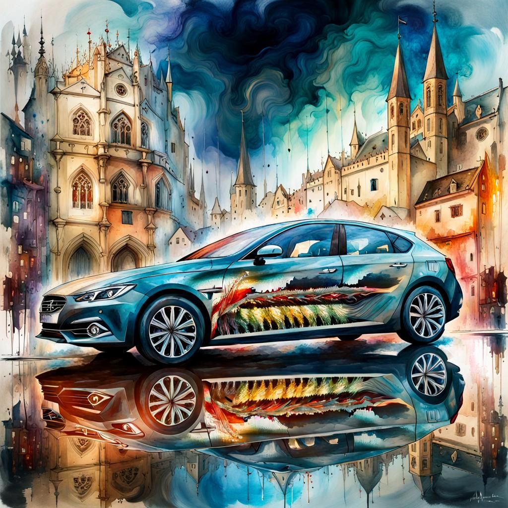 Watercolor Double Exposure: Car and Medieval City