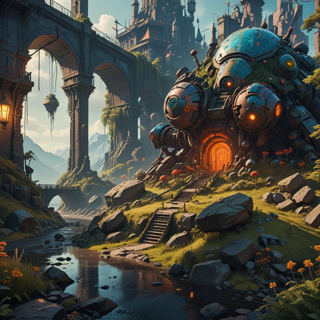 Fantasy Characters in Magical Environment, Stalenhag Style