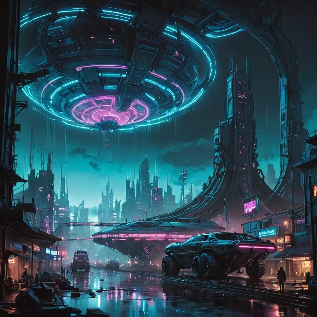 Dystopian Cityscape with Robotic Creature in Neon Lights