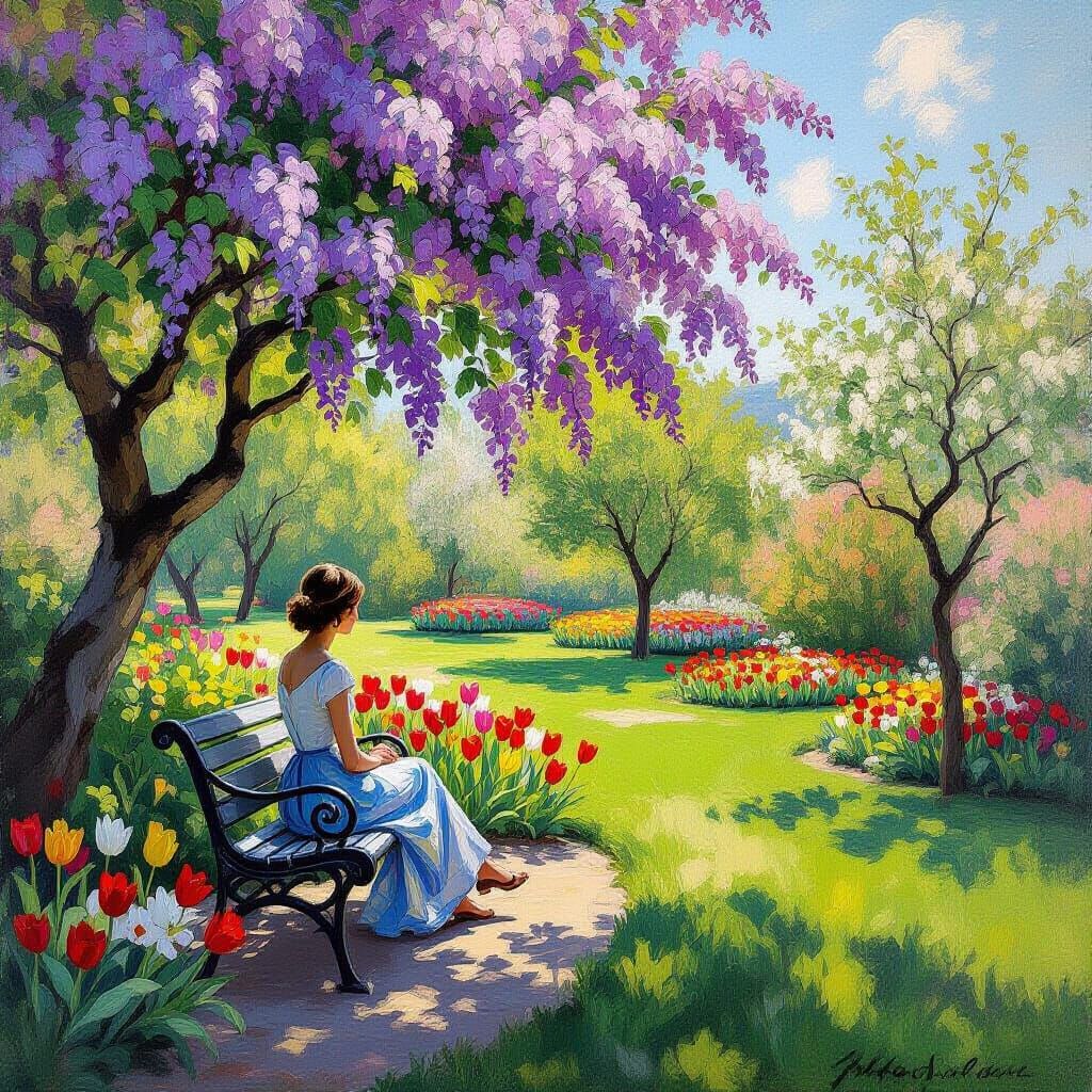 Serene Garden with Blooming Lilacs and Tulips