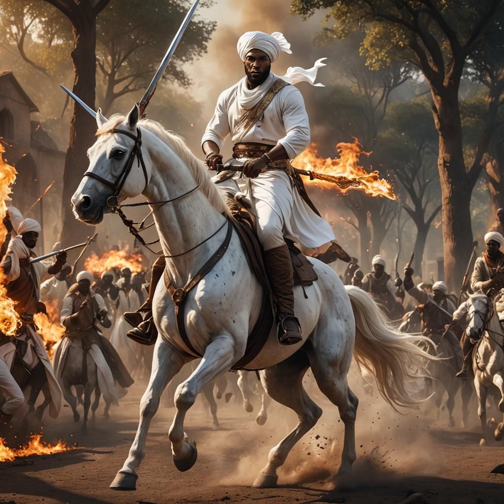 Black Man Rides Flaming Horse with Sword