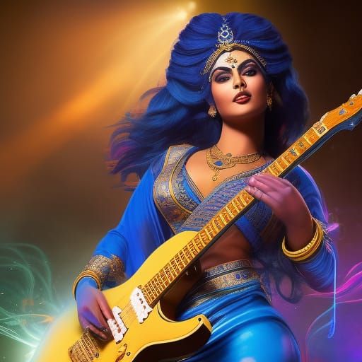 Blue Hindu Goddess Rocking Electric Guitar