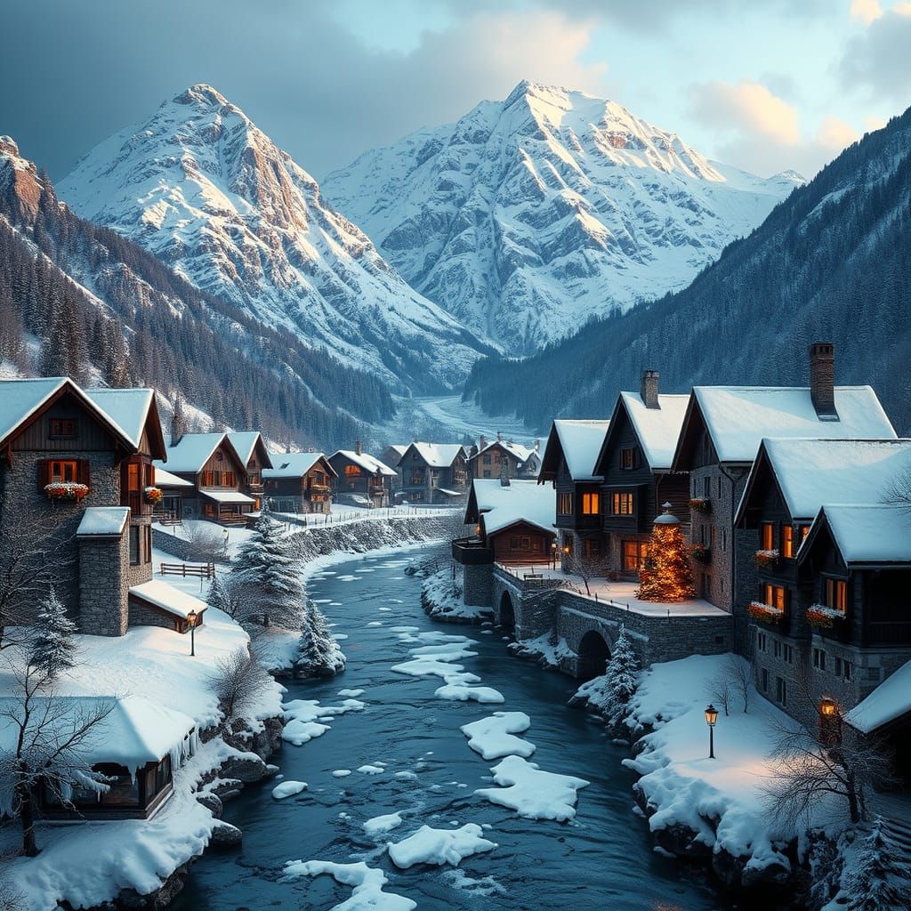 Snowy Village in Valley: Cinematic Winter Masterpiece