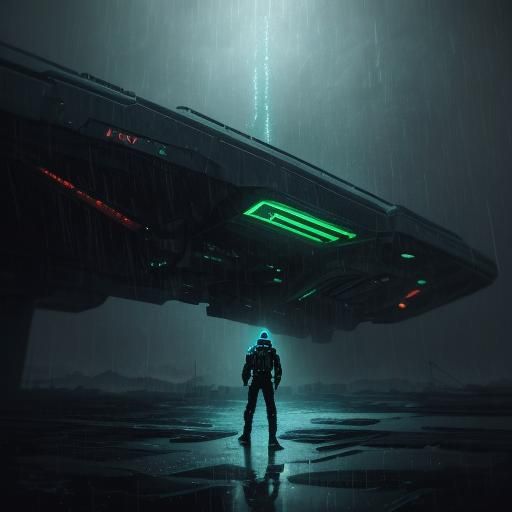 Alien Nomad on Metal Planet in Rainy Sci-Fi Scene