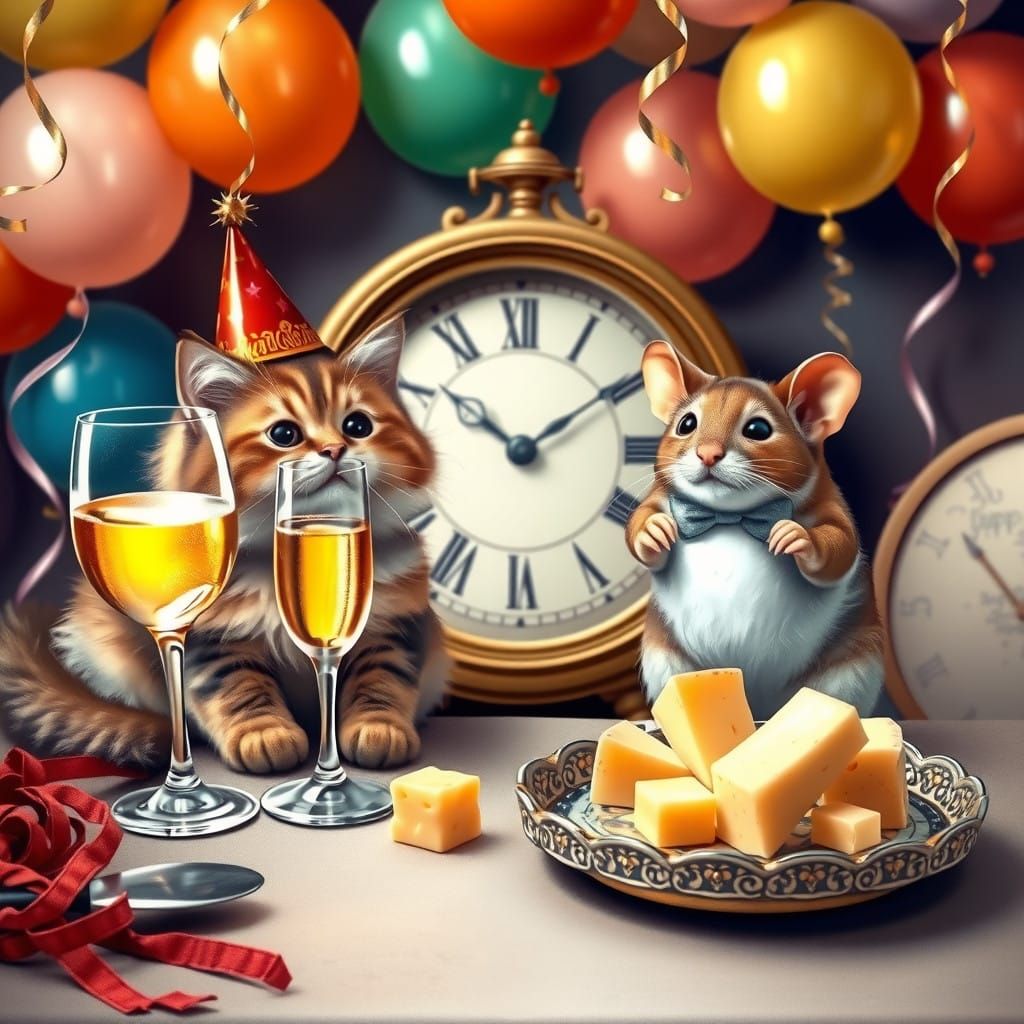 Festive Friends in Whimsical New Year's Eve Scene