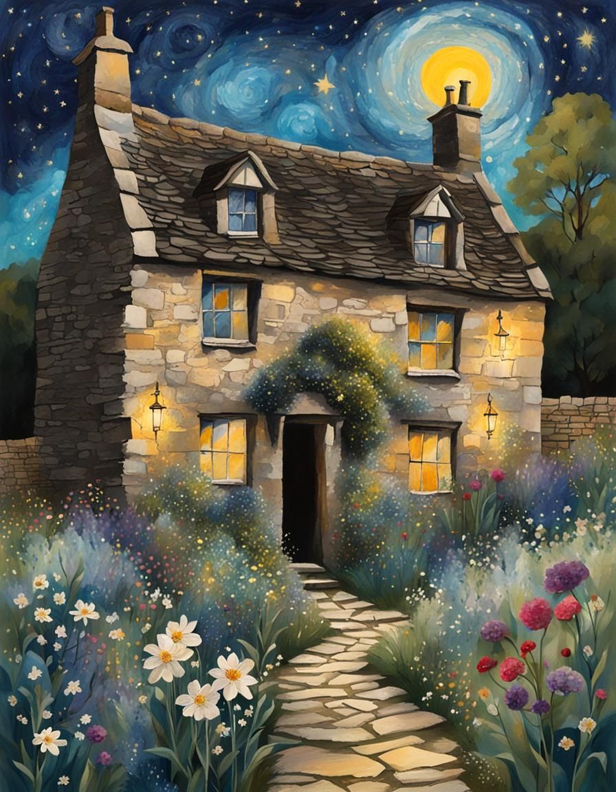 Cotswold Cottage in Mixed Media Collage
