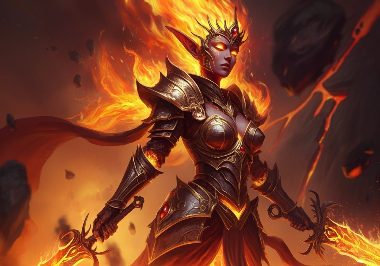 a fire elemental princess, completely made of flame, lave fl...