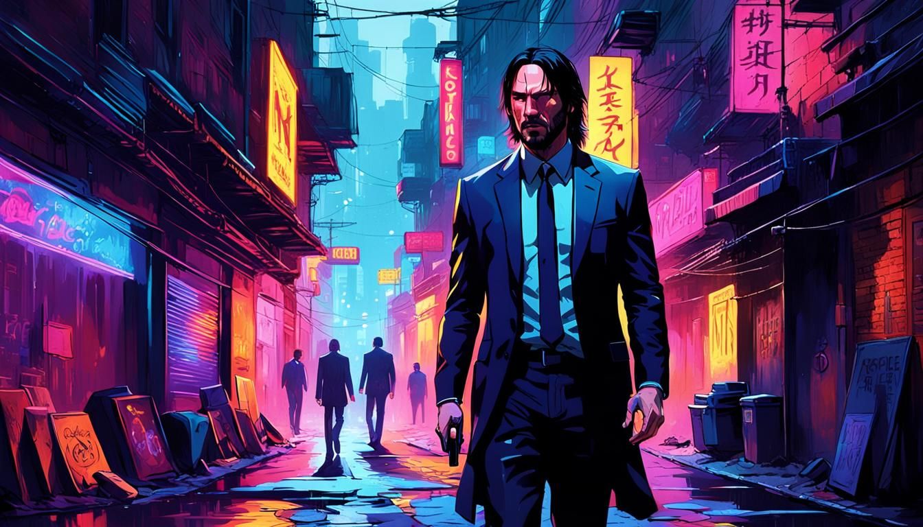 John Wick in Dimly Lit Alleyway: Neon Noir Concept Art
