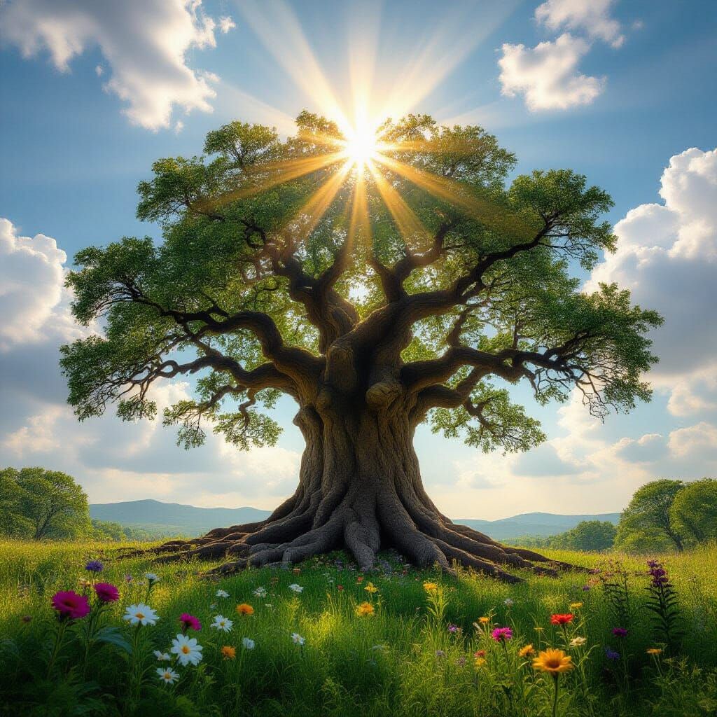 Ancient Tree of Life with Wildflowers in Heavenly Sunshine