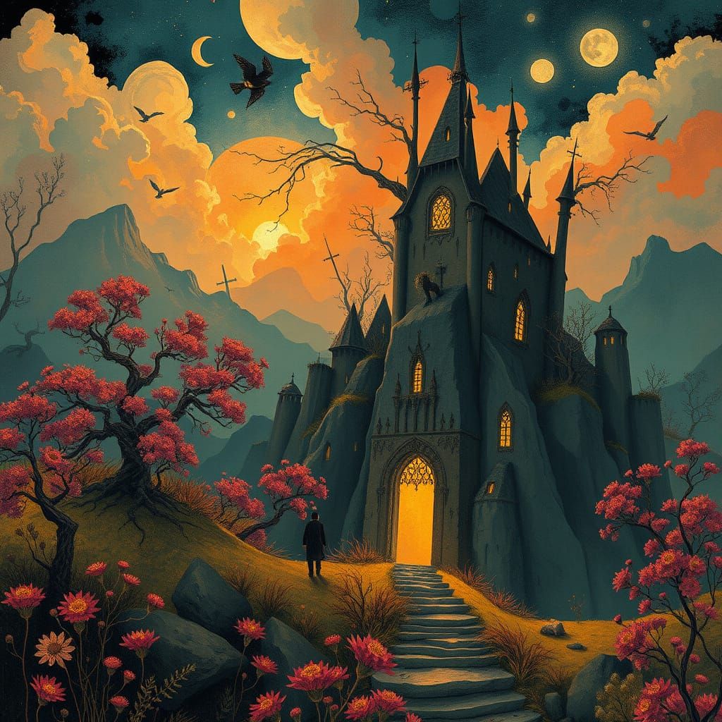 Whimsical Surreal Landscape of a Lone Figure Approaching a H...