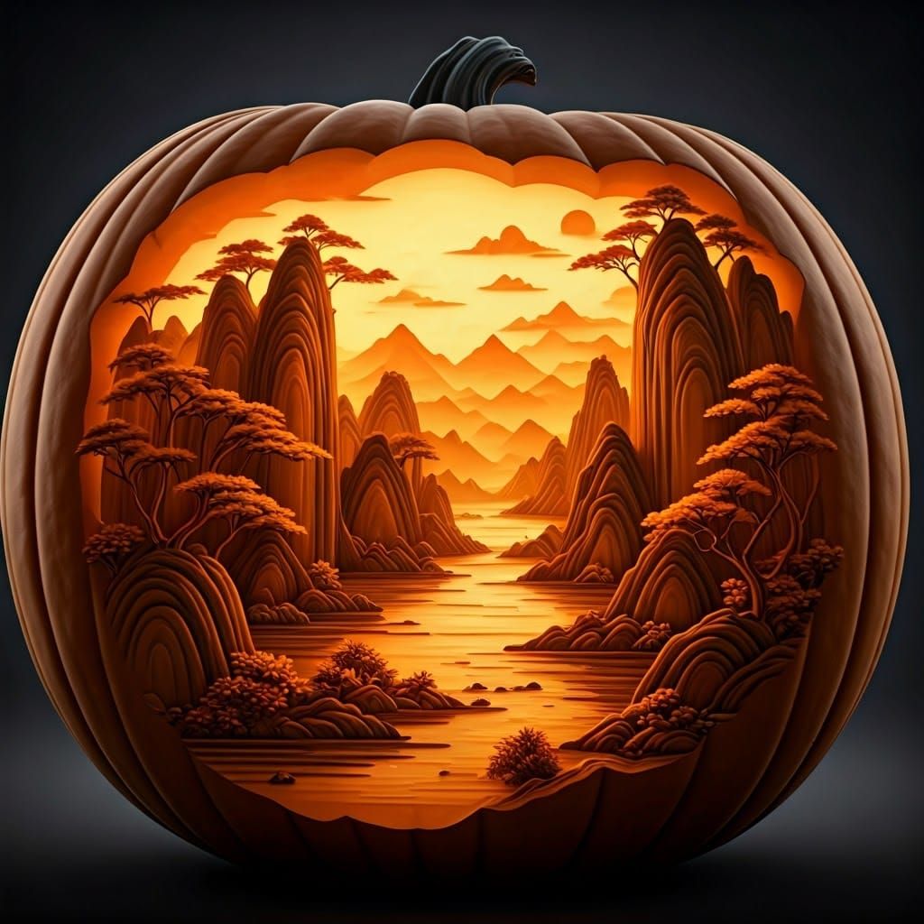 Oriental landscape painting pumpkin carving art,