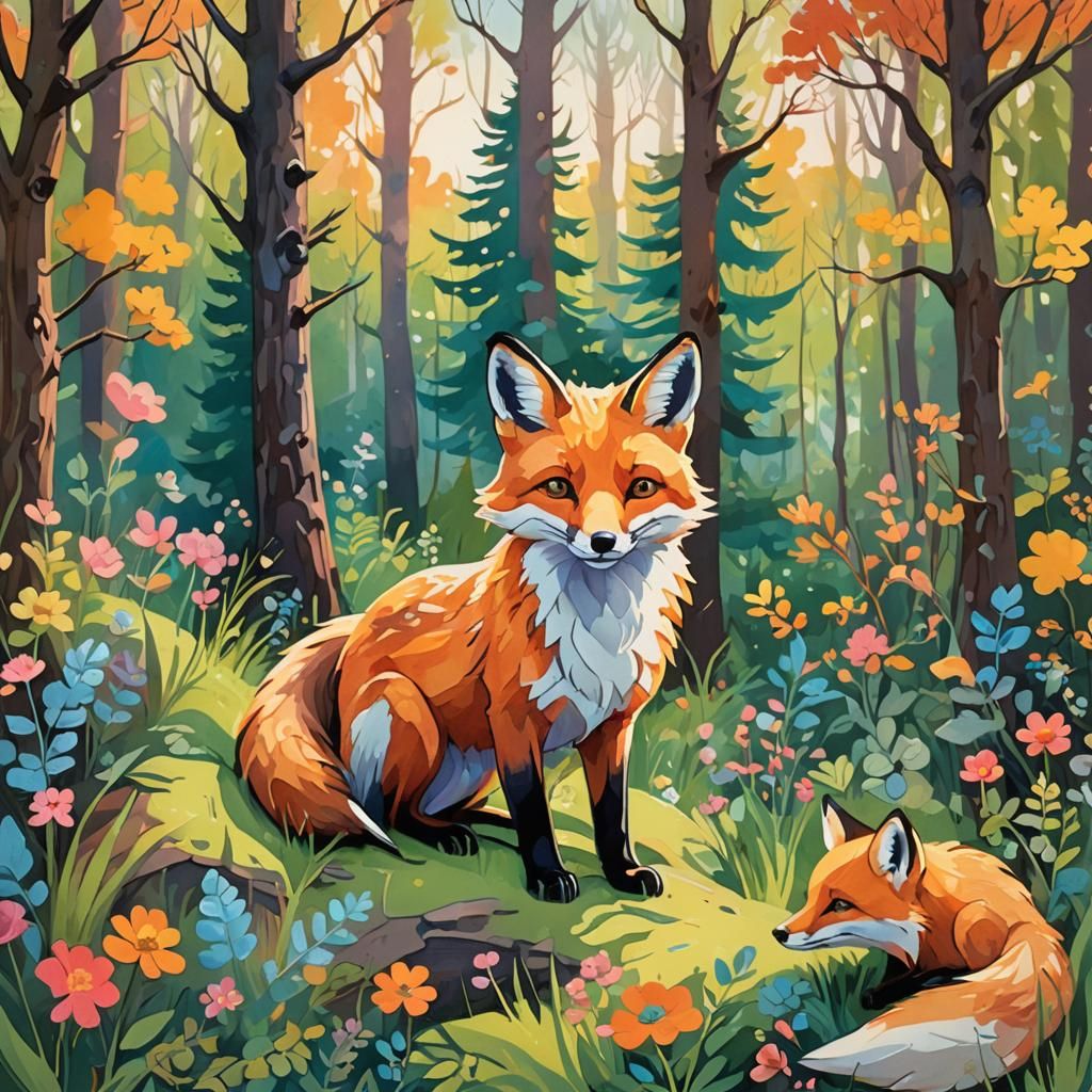 Fox and Cub in Whimsical Gouache Forest