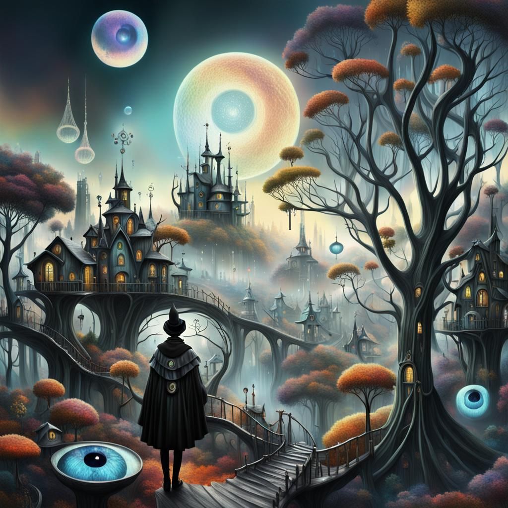 Autumn City with Treehouses: Surreal Digital Art