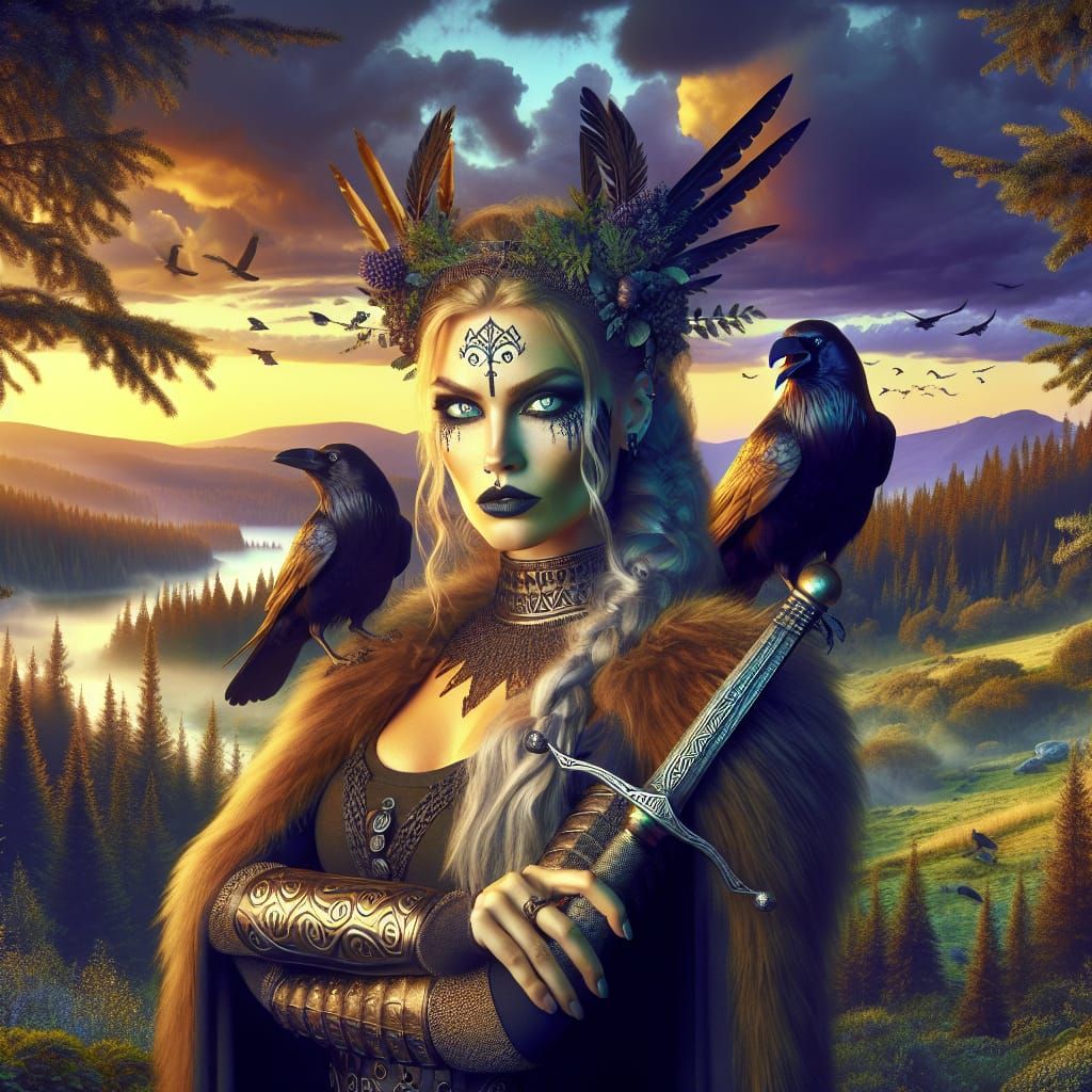 Viking Woman with Ravens in Art Nouveau Style