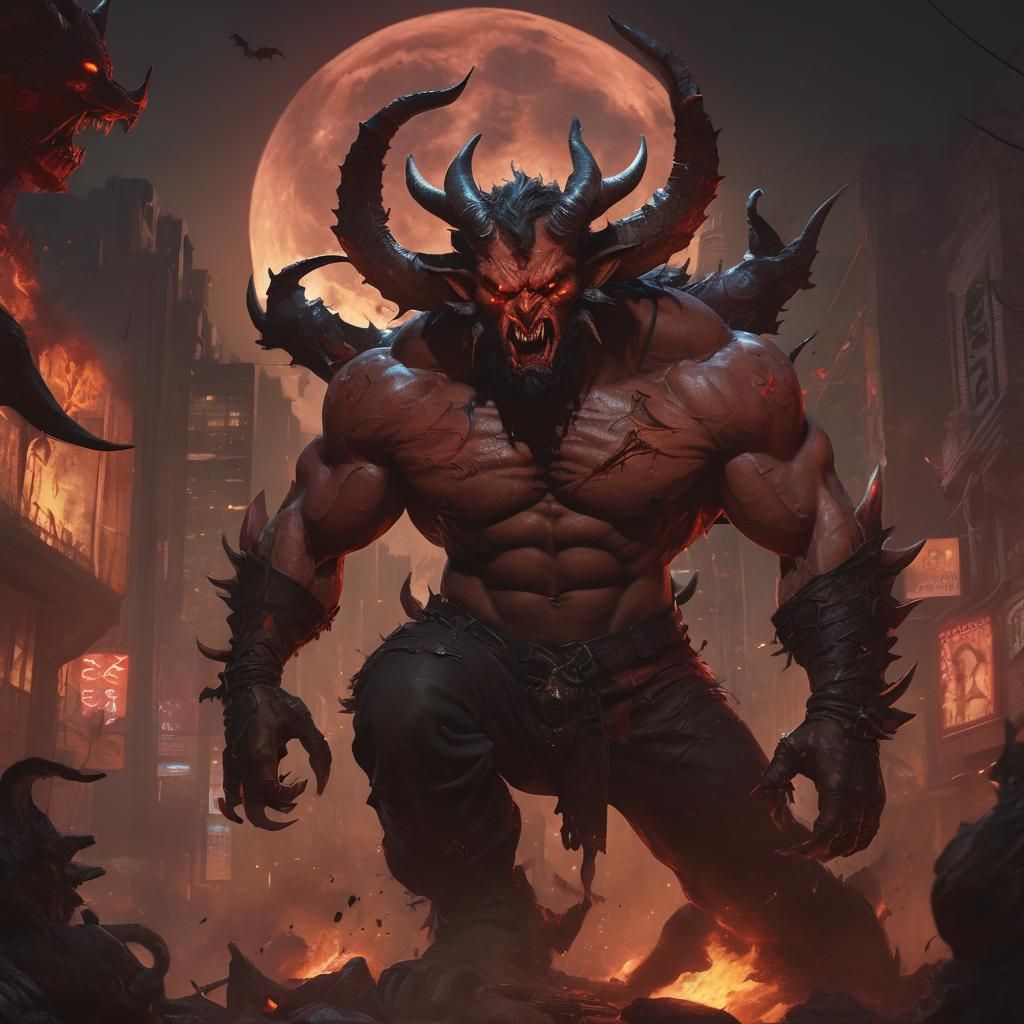 A hyperrealistic image of a demon with two large horns on its head, standing in front of a full Blood moon. The demon ha...
