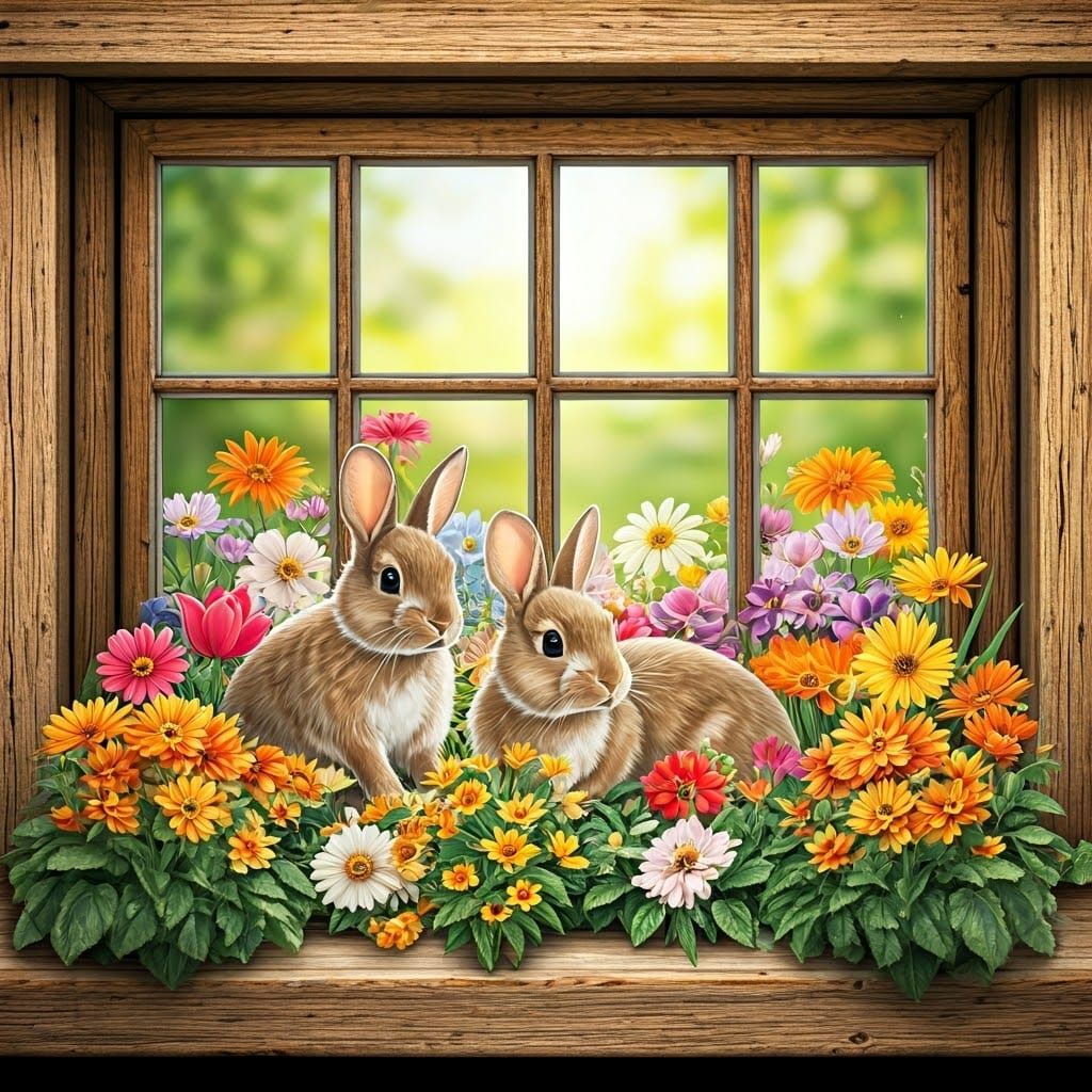 Rabbits Play in Flowers from a Rustic Window