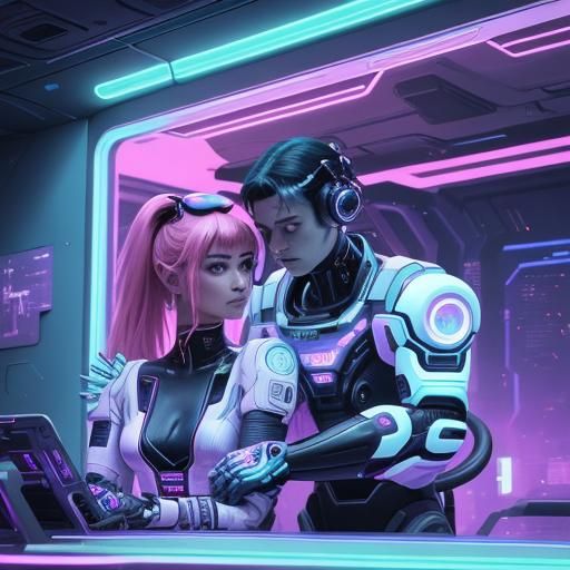 Cute Cyberpunk Doppelgänger Couple in Retro-Futuristic Space...
