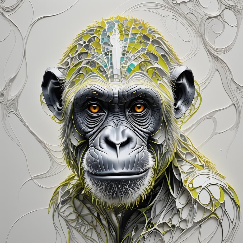 Fluorescent Fractal Chimpanzee Face in Minimalist Style