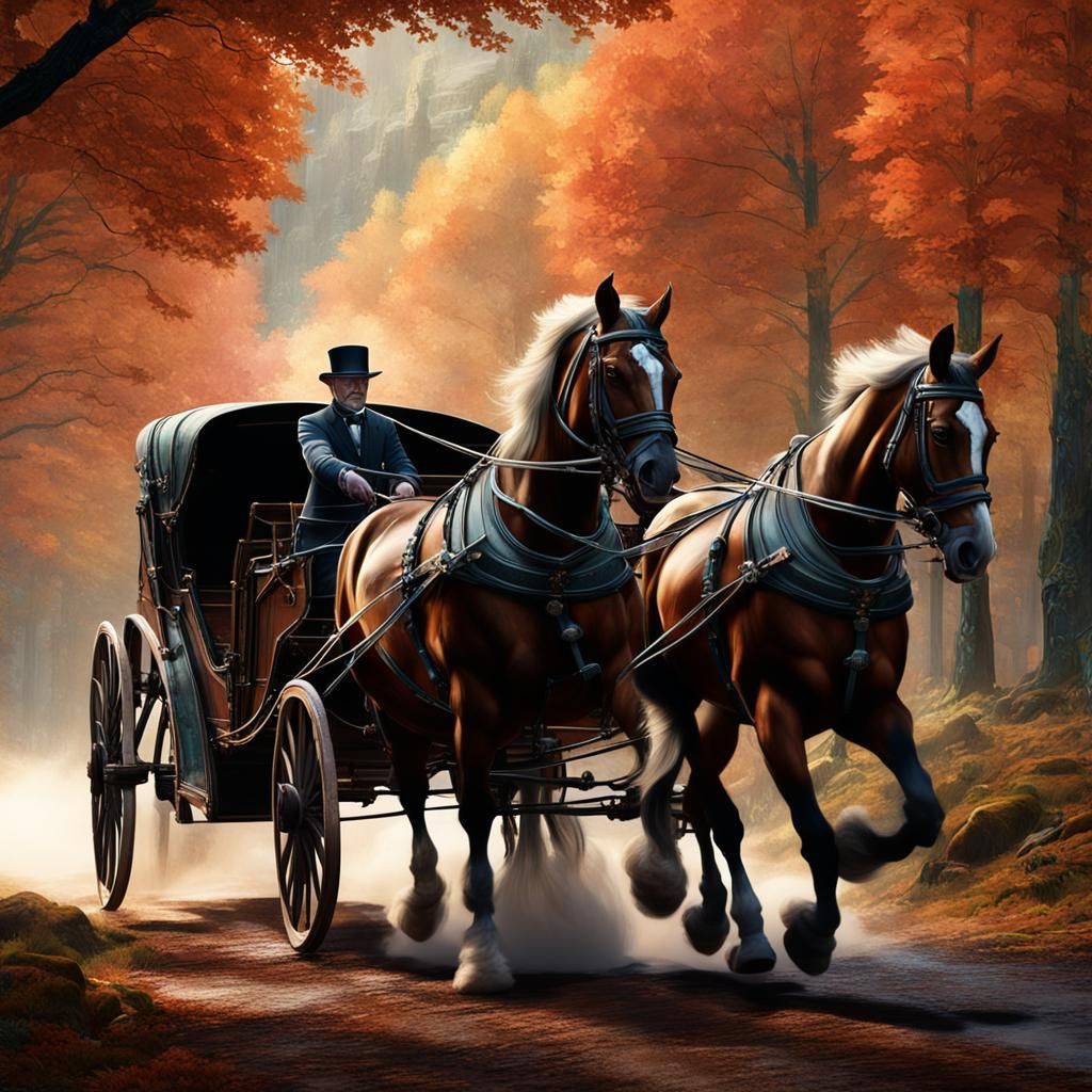 Horses Galloping on Forest Road: Fantasy Concept Art