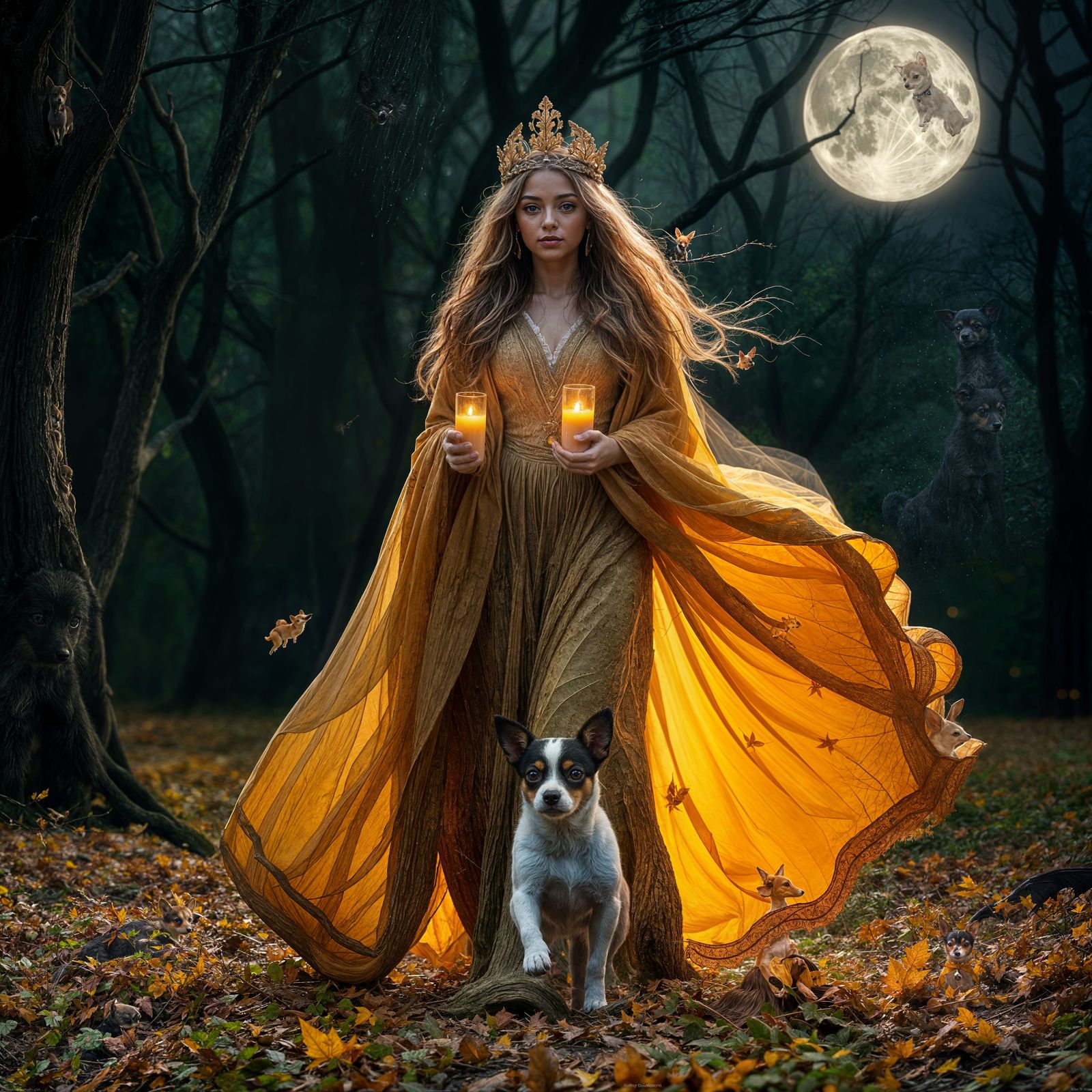 Goddess in Autumn Forest with Dog: Hyperrealistic Image