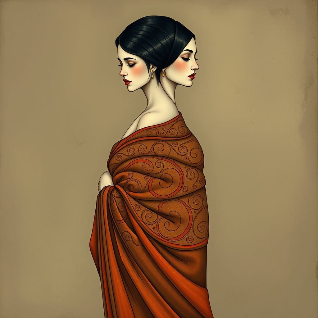 Elegant Woman with Dual Faces in Art Nouveau Style