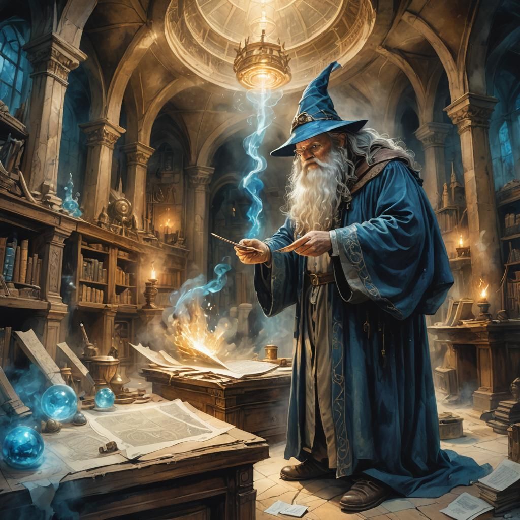 Architect and Wizard in Mysterious Chamber, Digital Art