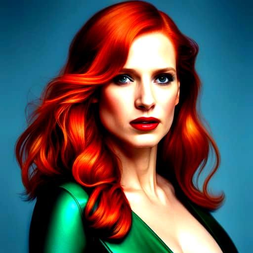 Jessica Chastain in Green Leather Outfit: Fantasy Art