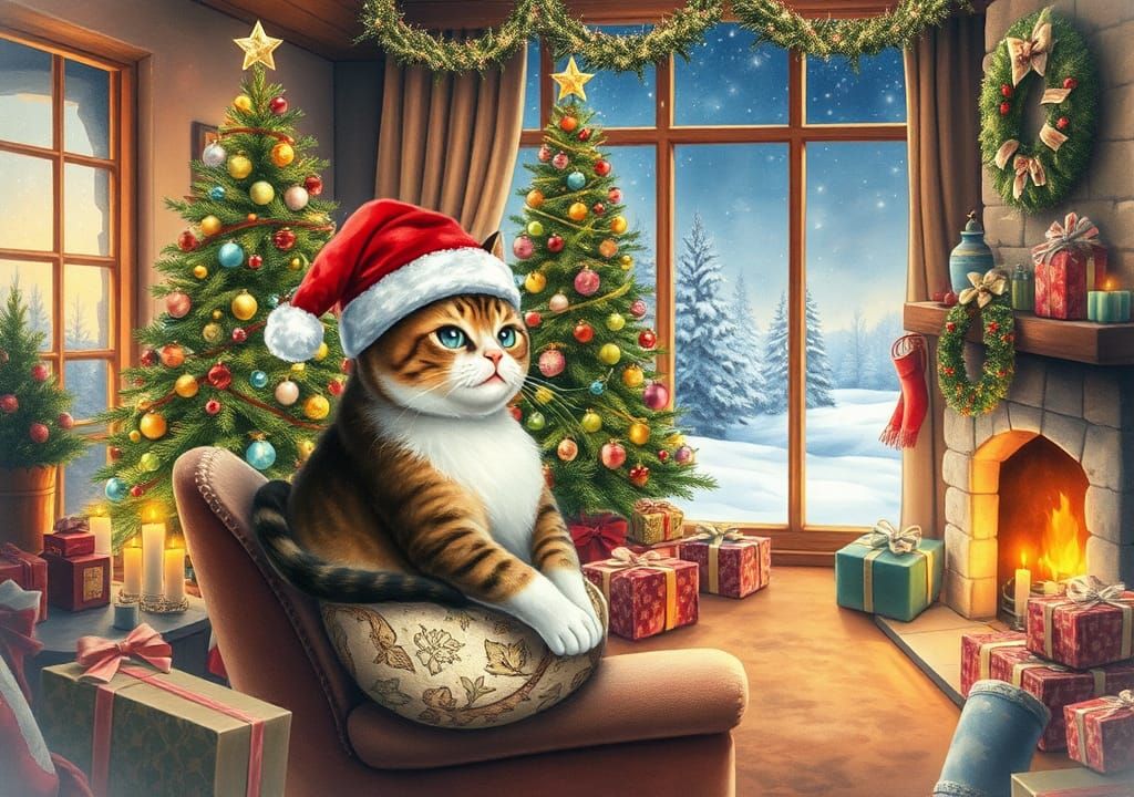 Festive Cat in Whimsical Christmas Scene