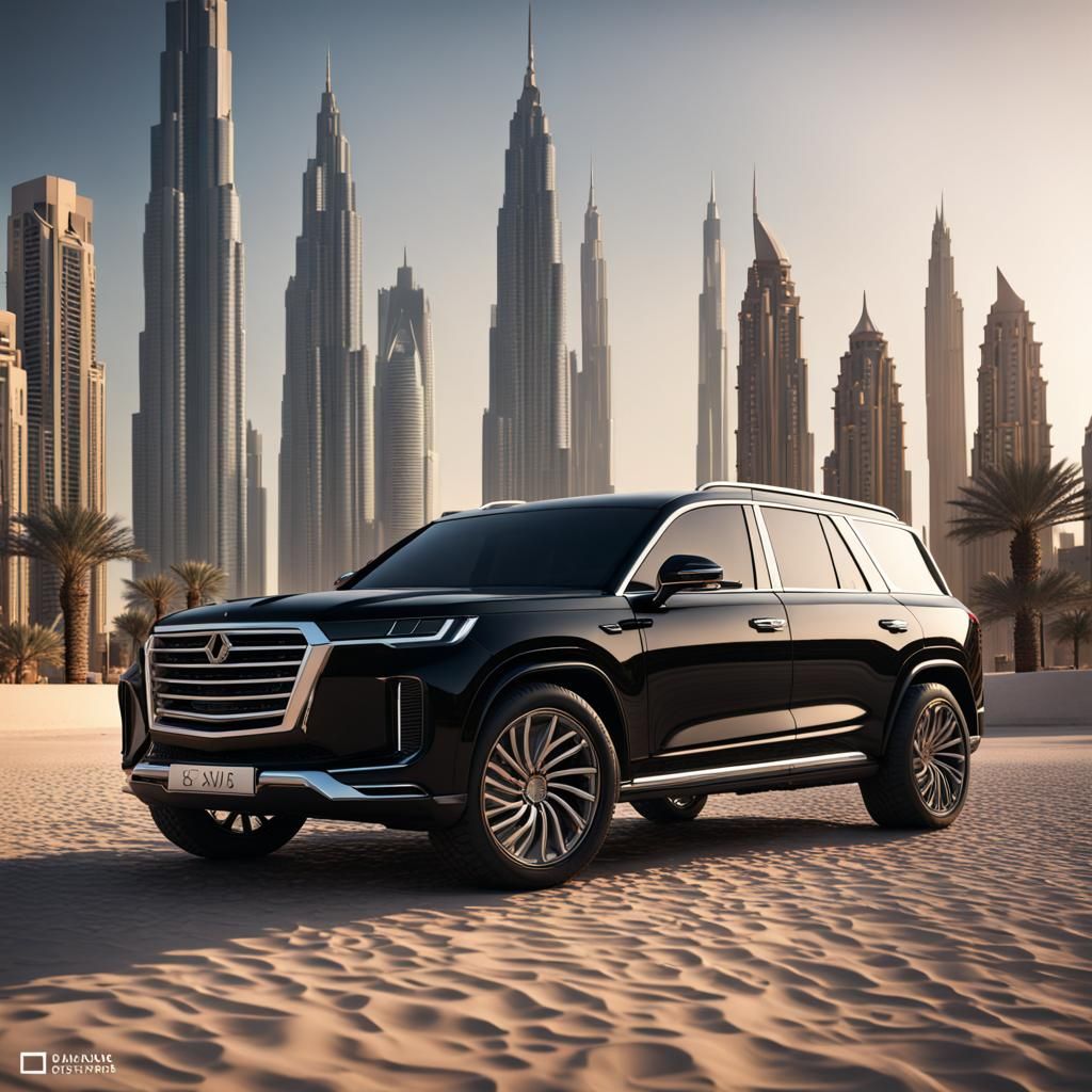 Luxury SUV with Dubai Sheikh Zayed Skyline