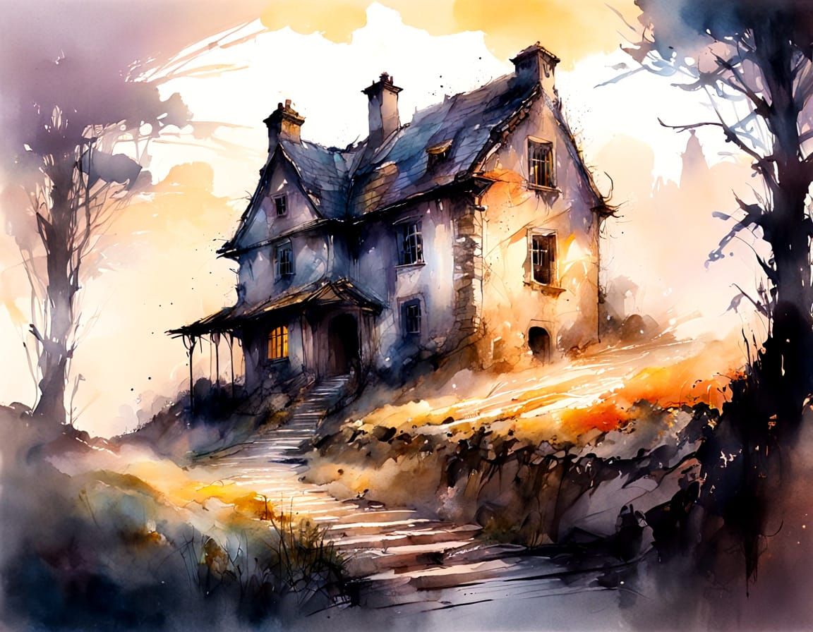 Ethereal Watercolor Ruins in Moonlight