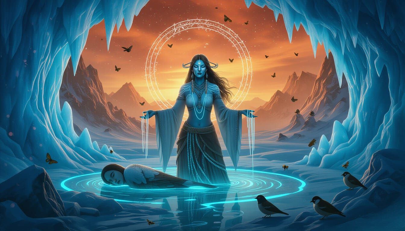 Ethereal Shaman in Bioluminescent Oasis with Cosmic Elements