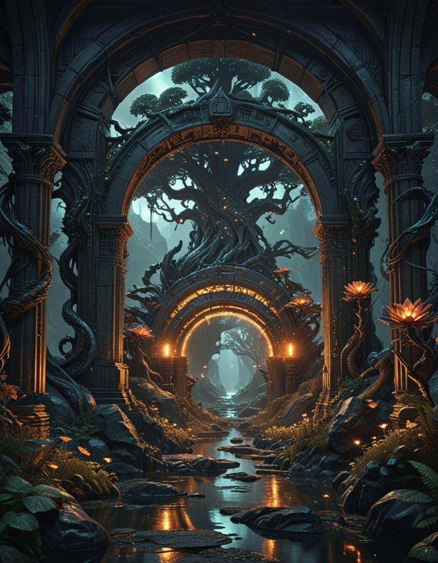 Dark Fantasy Stone Bridge with Surreal and Futuristic Vistas