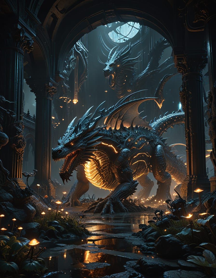 Colossal Stone Dragons Guarding a Fantasy Bridge