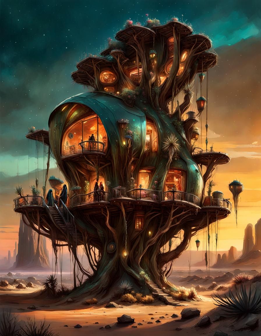 Bioluminescent Cactus Treehouse in Cyberpunk Style