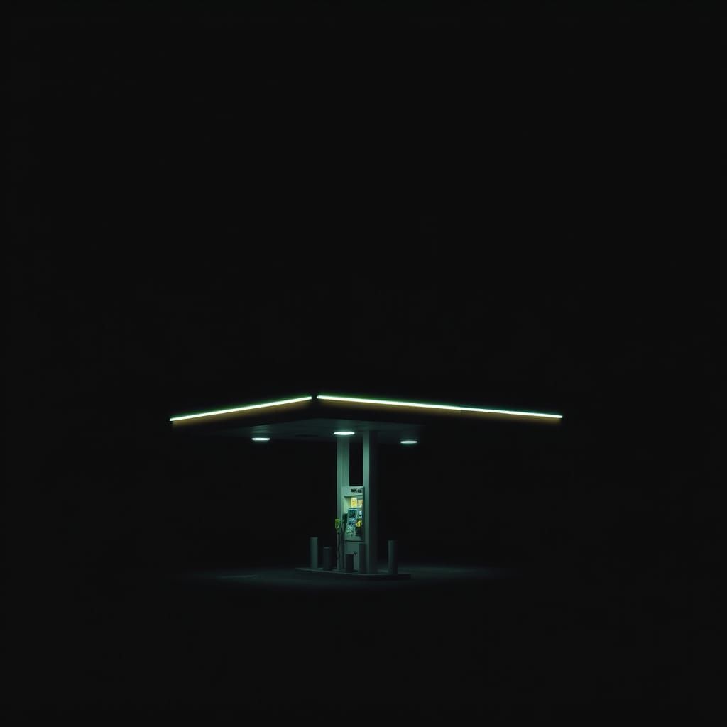 Edward Hopper-Inspired Petrol Station in Midnight Darkness