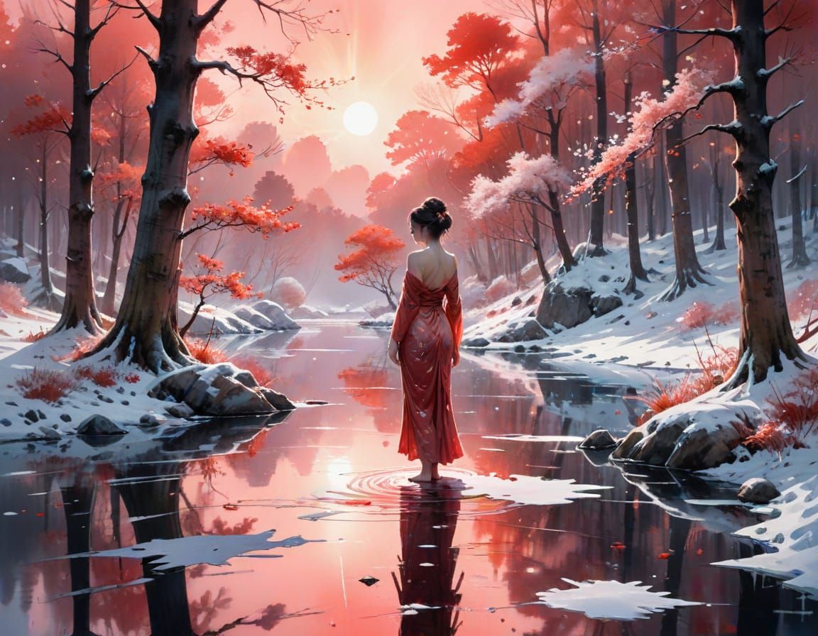 Frozen Geisha Meditates at Dawn: Digital Matte Painting