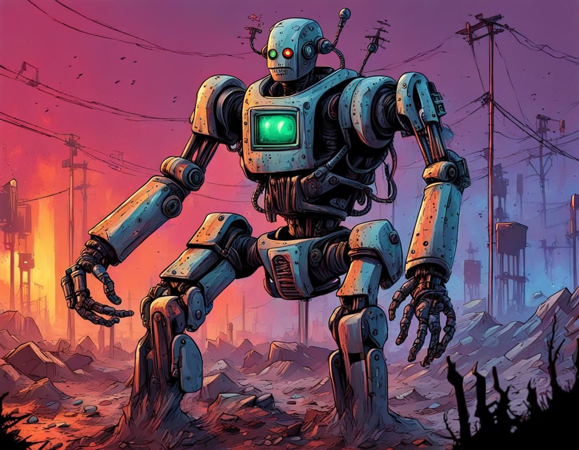 Apocalyptic Robot in Cool Colors of Horror