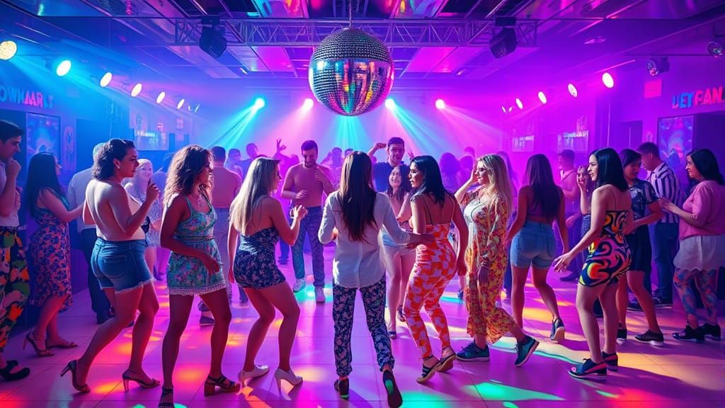 People Dancing on Disco Floor with Neon Lights