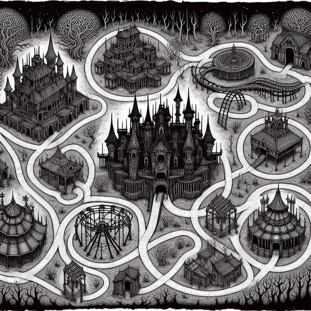detailed map of a horror-themed park filled with haunted hou...