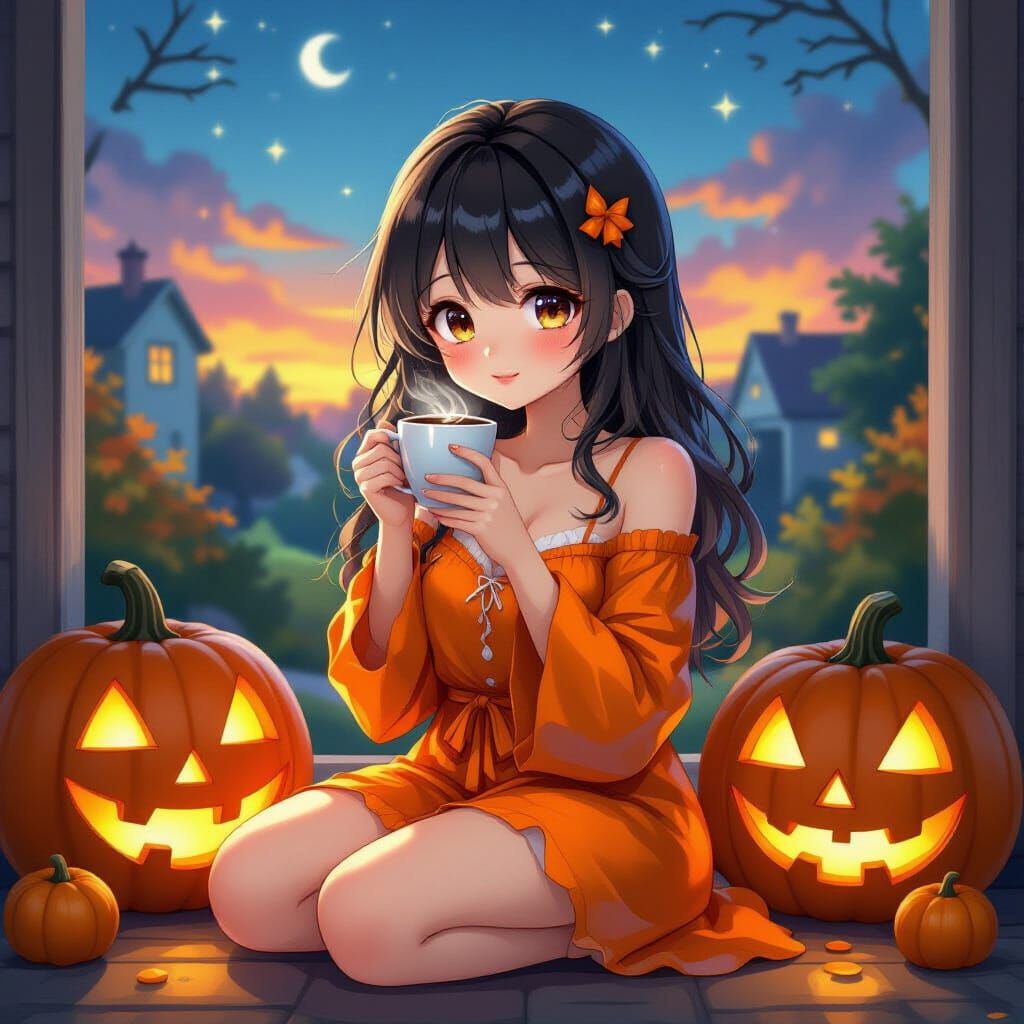 Cute Anime Girl With Coffee and Halloween Pumpkins