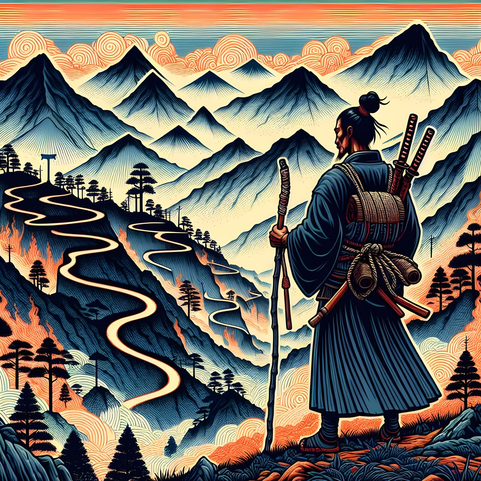 Samurai in Mountain Wilderness: Ukiyo-e Psychedelic Fusion
