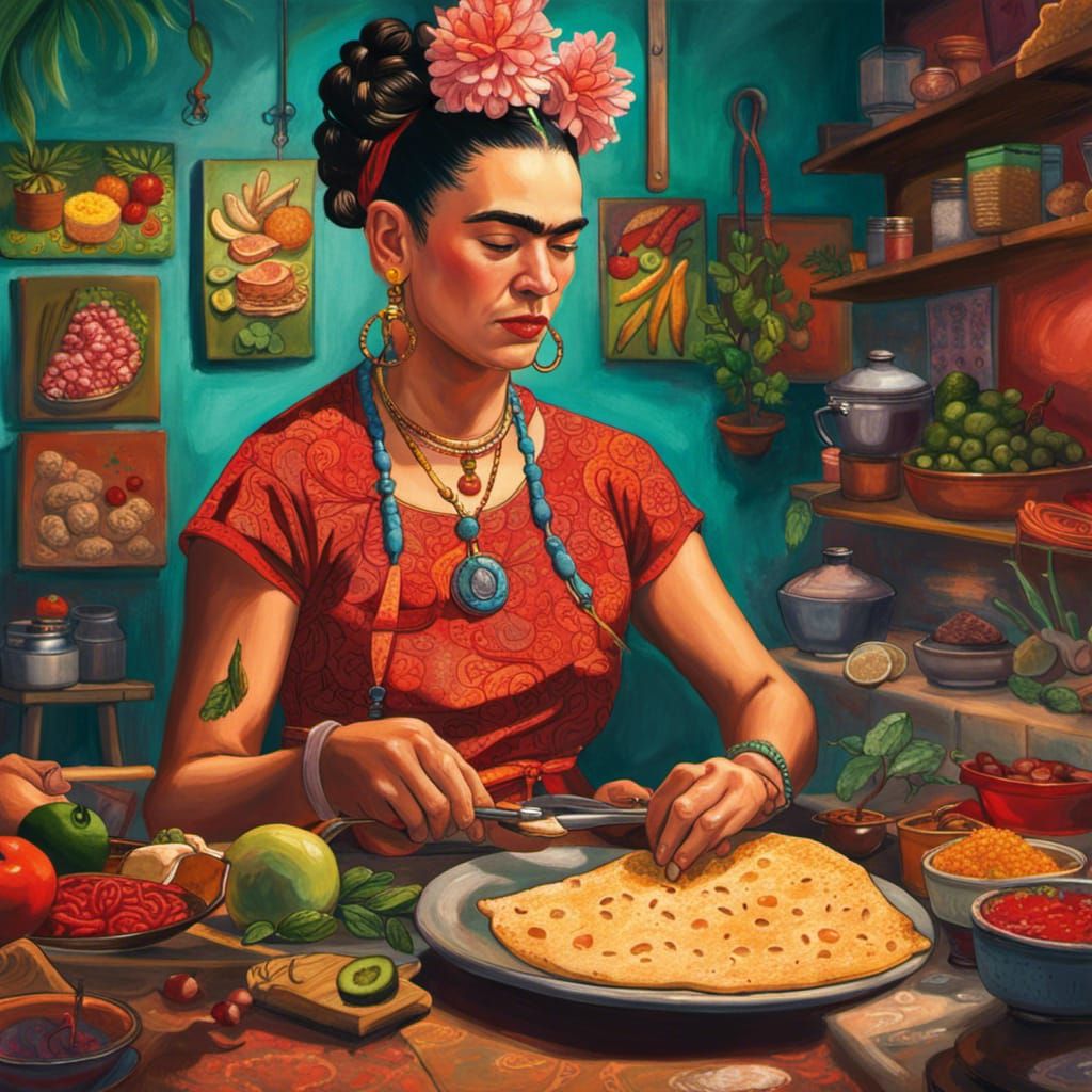 Frida Kahlo cooking up a storm.