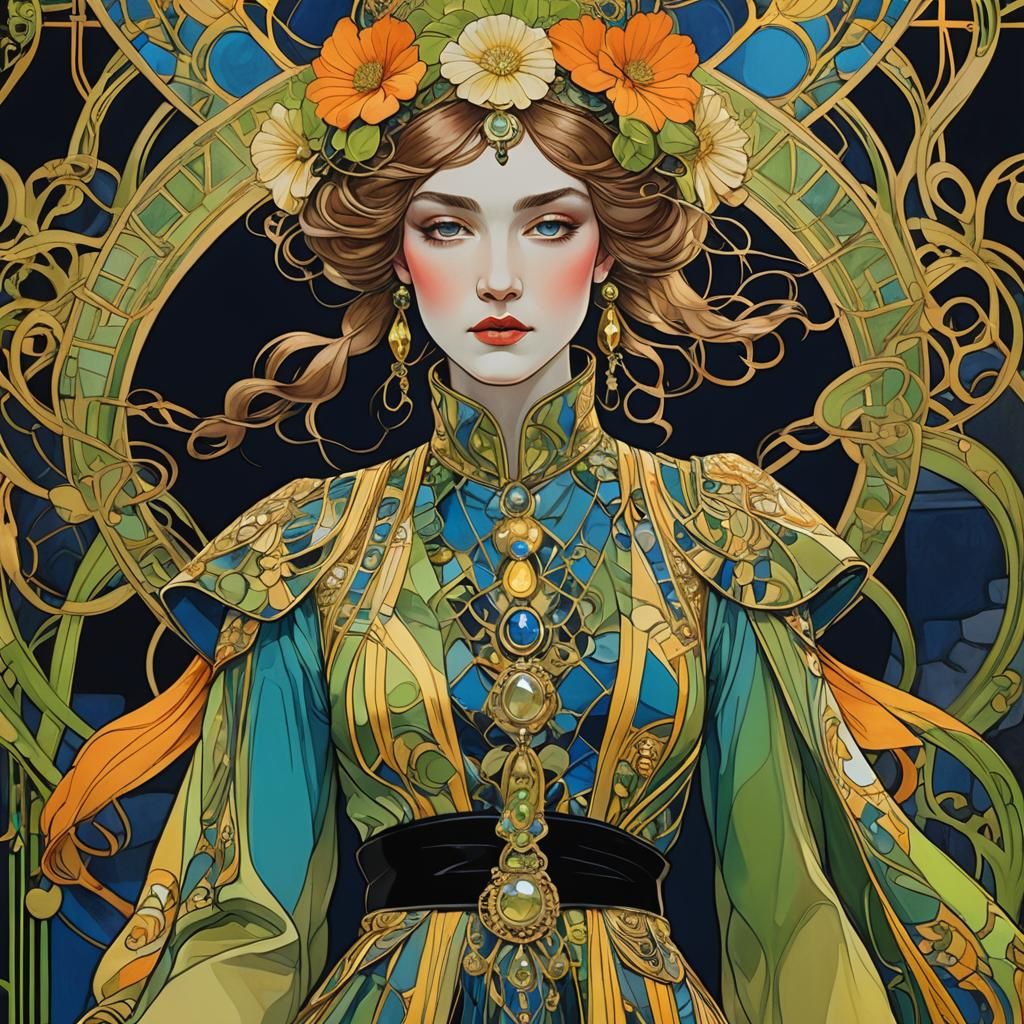 Art Nouveau Empress in Opulent Runway Fashion