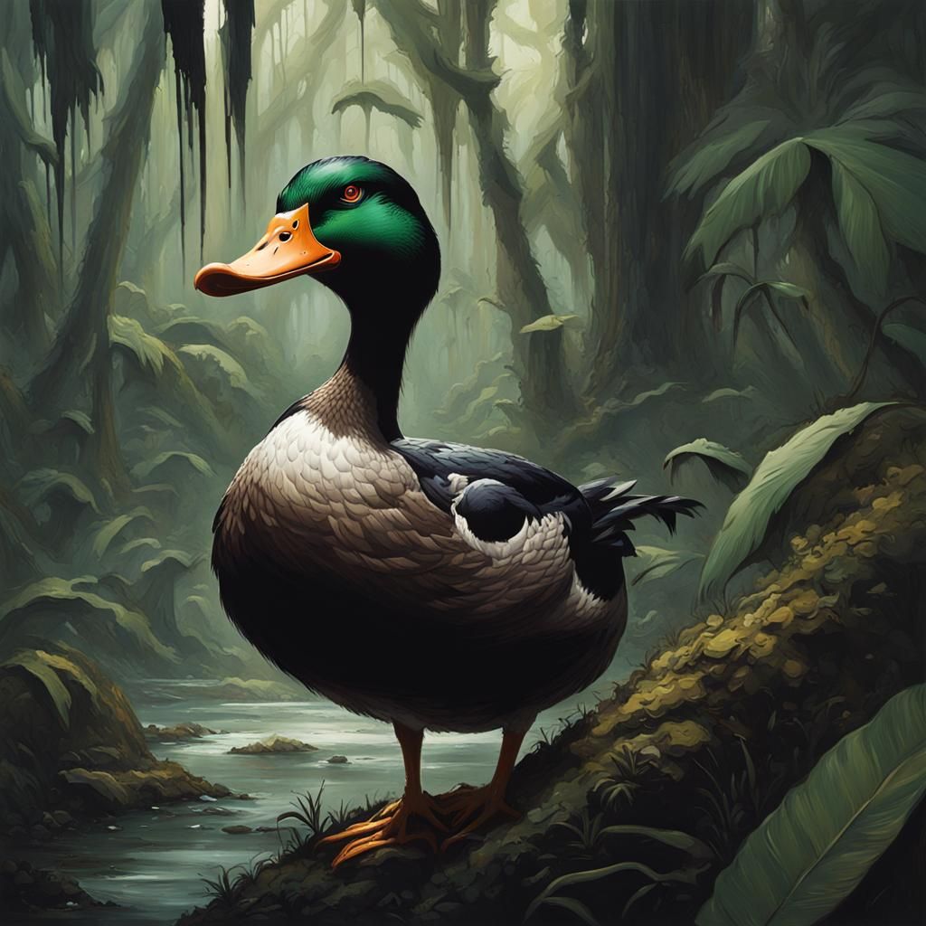 Sinister Duck in Jungle, Dark Fantasy Art