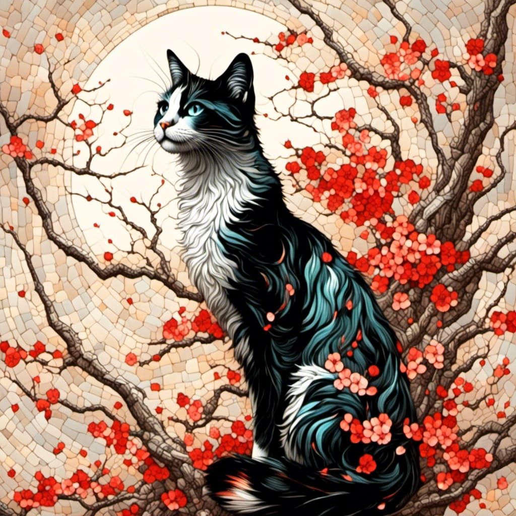 Cat in Cherry Blossom Zen Garden Mosaic