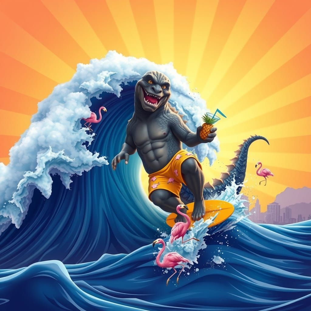 Godzilla Rides a Colossal Wave in a Whimsical, Candyland-Ins...